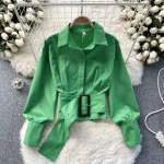 LE4020 Haruhi Blouse Woman Design Pressure-Sensitive Pleated Waist Slimming Short French Puffy Sleeve Top - Image 2