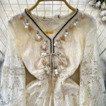 LE2133 Bohemian Embroidered Dress Fringe Lace Hook Floral Long Dress Chic Flared Sleeve Holiday Apricot Midi Women'S Dress - Image 4