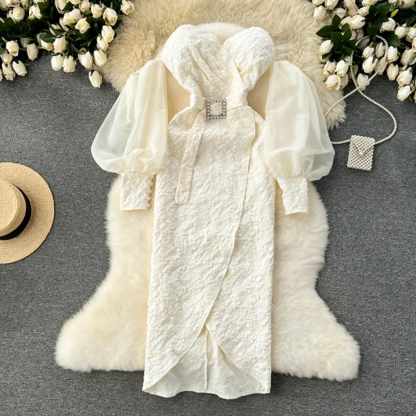 LE2148 Celebrity Banquet Dress Chic Irregular Hemline Woman'S Evening Dress Luxury Lantern Sleeve Sexy Strapless Long Dress - Image 5