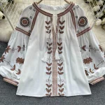 LE4035 Embroidery Shirt Ethnic Style Design Sense Fringe Long Sleeve Loose Tie Round Neck Puffy Sleeve Top for Women - Image 4