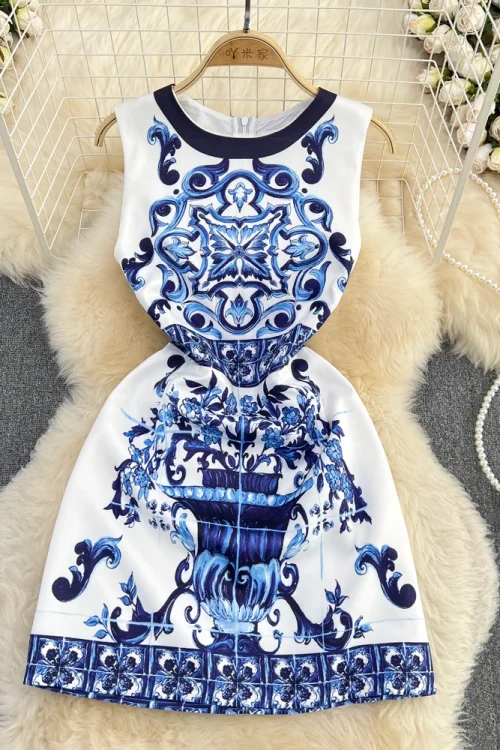 LE1514 Summer Runway Women Elegant Blue and White Porcelain Flower Printing Sleeveless High Waist a Line Tank O Neck Mini Dress