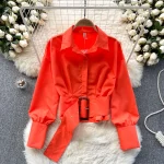 LE4020 Haruhi Blouse Woman Design Pressure-Sensitive Pleated Waist Slimming Short French Puffy Sleeve Top