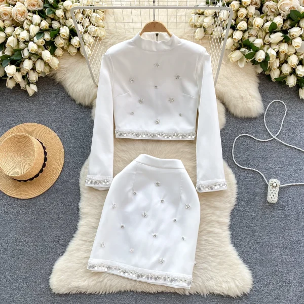 LE2107 Liuyang Qianjin to Wear a Light Luxury Heavy Diamond Long Sleeve Shirt Short Skirt Temperament Two Sets of Fashion