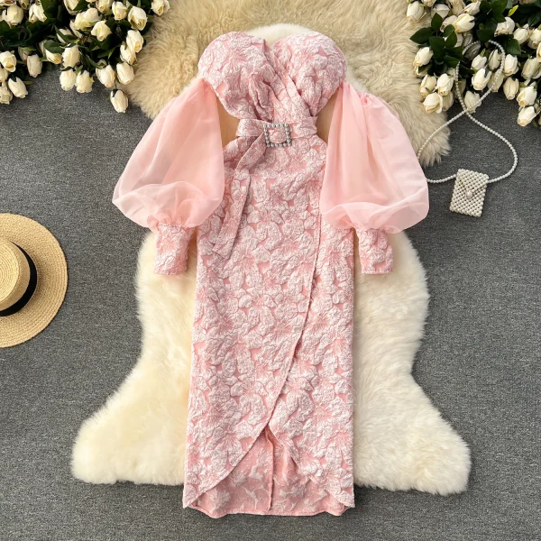 LE2148 Celebrity Banquet Dress Chic Irregular Hemline Woman'S Evening Dress Luxury Lantern Sleeve Sexy Strapless Long Dress