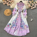 LE1899 2025 Spring Women'S Clothing Floral Print Shirt Dress Socialite Long Puff Sleeve Dress Socialite Office Party Maxi Dress - Image 2