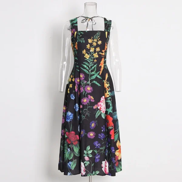 LE1470 2025 New Floral Print Halter Casual Dress Elegant End Heavy Nail Drill Backless Zipper Midi Boutique Women'S Dresses - Image 3