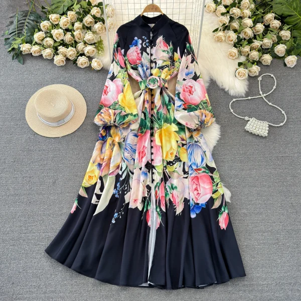 LE1934 2025 Vintage Floral Print Evening Gown Court Style Lantern Long Sleevebelted Single-Breasted A-Line Women Maxi Dress