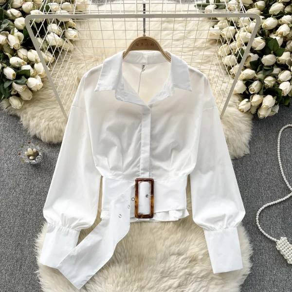 LE4020 Haruhi Blouse Woman Design Pressure-Sensitive Pleated Waist Slimming Short French Puffy Sleeve Top - Image 5