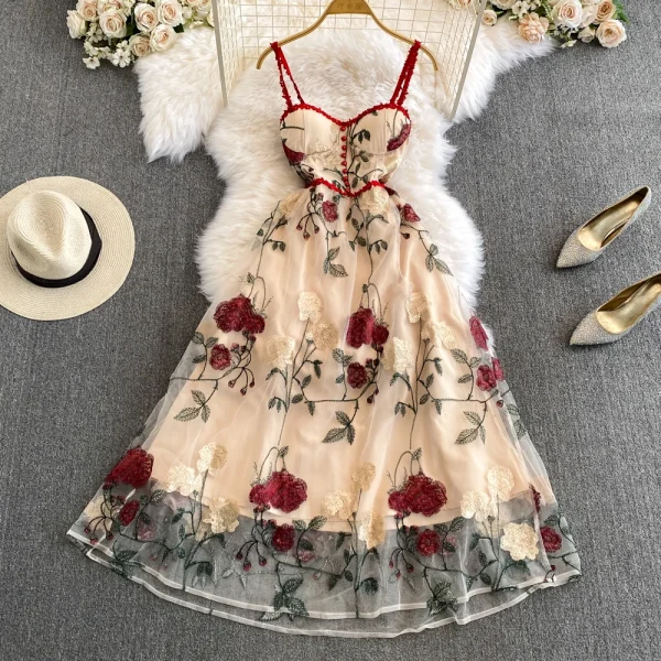LE2127 Three-Dimensional Layer Thread Embroidery Red Strap Dress Embroidery Floral Dress Holiday Gentle Mesh Women'S Dress