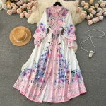 LE1899 2025 Spring Women'S Clothing Floral Print Shirt Dress Socialite Long Puff Sleeve Dress Socialite Office Party Maxi Dress