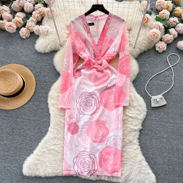 LE1915 Gentle Women'S Mesh Floral Print Evening Dress Luxury V-Neckelegant Slim Hip Wrap Dress Tea Break Belted Party Midi Dress - Image 4