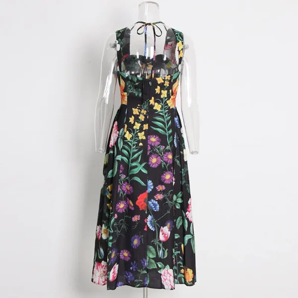 LE1470 2025 New Floral Print Halter Casual Dress Elegant End Heavy Nail Drill Backless Zipper Midi Boutique Women'S Dresses - Image 4