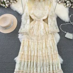 LE2133 Bohemian Embroidered Dress Fringe Lace Hook Floral Long Dress Chic Flared Sleeve Holiday Apricot Midi Women'S Dress - Image 2
