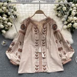 LE4035 Embroidery Shirt Ethnic Style Design Sense Fringe Long Sleeve Loose Tie Round Neck Puffy Sleeve Top for Women
