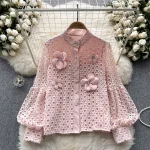 LE4023 Small Water Soluble Lace Shirt Women French Bubble Sleeve Age Reduction Flower Long Sleeve Top - Image 5