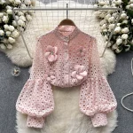 LE4023 Small Water Soluble Lace Shirt Women French Bubble Sleeve Age Reduction Flower Long Sleeve Top