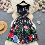 LE1917 2025 Socialite Banquet Evening Dress Summer French Slimming Temperament A-Line Sleeveless Lady Fold Floral Printed  Dress