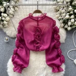 LE4024 Light Luxury Girl Style Lantern Sleeve Shirt Women'S Gauze Three-Dimensional Flower Loose Design Blouse - Image 4