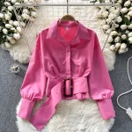 LE4020 Haruhi Blouse Woman Design Pressure-Sensitive Pleated Waist Slimming Short French Puffy Sleeve Top - Image 4