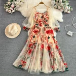 LE2134 Luxury Embroidered Women'S Long Dress Elegant Lantern Sleeve V-Neck Gauze Embroidery Dress Seaside Holiday Long Dress - Image 2