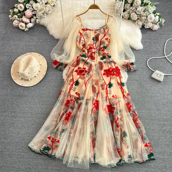 LE2134 Luxury Embroidered Women'S Long Dress Elegant Lantern Sleeve V-Neck Gauze Embroidery Dress Seaside Holiday Long Dress - Image 2