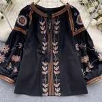LE4035 Embroidery Shirt Ethnic Style Design Sense Fringe Long Sleeve Loose Tie Round Neck Puffy Sleeve Top for Women - Image 5