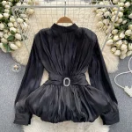 LE4043 French Vintage Blouse Women Fold Waist Slimming Lotus Leaf Swing Advanced Sense of Spring Top - Image 5