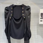 LE2049  New Style of Small Fragrant Metal Button Gauze Bubble Sleeve Low Collar Temperament Girl Little Dress - Image 2