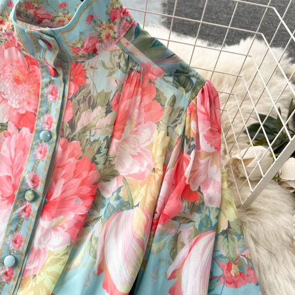 LE1937 French Court Style Long Maxi Dress Spring Women Belted Floral Print Dress Slimming Holiday Flowing Chiffon Evening Dress - Image 5