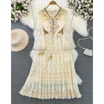 LE2133 Bohemian Embroidered Dress Fringe Lace Hook Floral Long Dress Chic Flared Sleeve Holiday Apricot Midi Women'S Dress