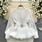LE4043 French Vintage Blouse Women Fold Waist Slimming Lotus Leaf Swing Advanced Sense of Spring Top - Image 4
