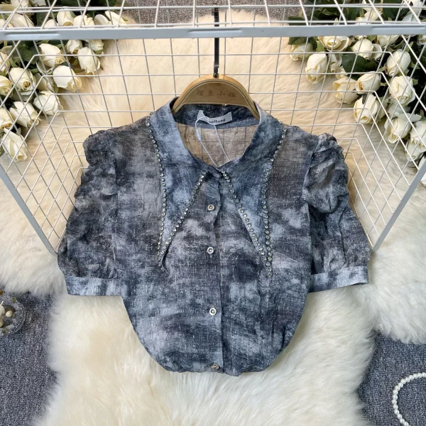 LE4038 Summer Western Style Shirt Women'S High-End Chic Pleated Bubble Sleeve Top With Diamond Pointed Collar French Shirt - Image 3