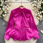 LE4043 French Vintage Blouse Women Fold Waist Slimming Lotus Leaf Swing Advanced Sense of Spring Top