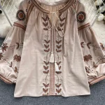 LE4035 Embroidery Shirt Ethnic Style Design Sense Fringe Long Sleeve Loose Tie Round Neck Puffy Sleeve Top for Women - Image 2