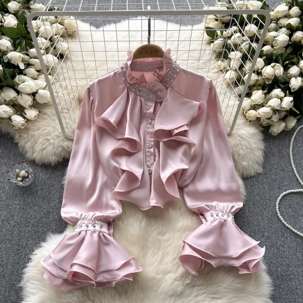 LE4018 French Retro Court Style Shirt for Women With Thin Temperament Shirt Senior Sense of All Studded Beaded Top - Image 4